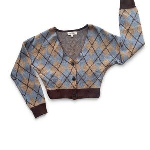 Sweet Republic Stylish Argyle V-Neck Cardigan in Blue and Tan